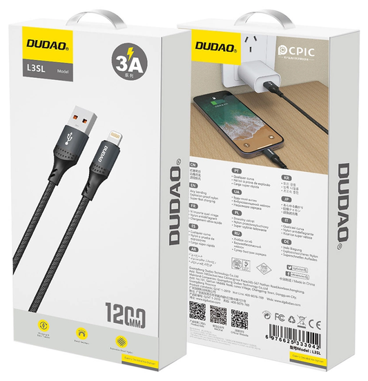 USB-A - Lightning Dudao L3SL adat- és töltőkábel, 30W, 1,2 m, fekete