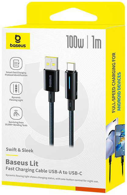 USB-A - USB-C Baseus Lit Button Control adat- és töltőkábel, 100W, 1m, Fekete P10379002121-00