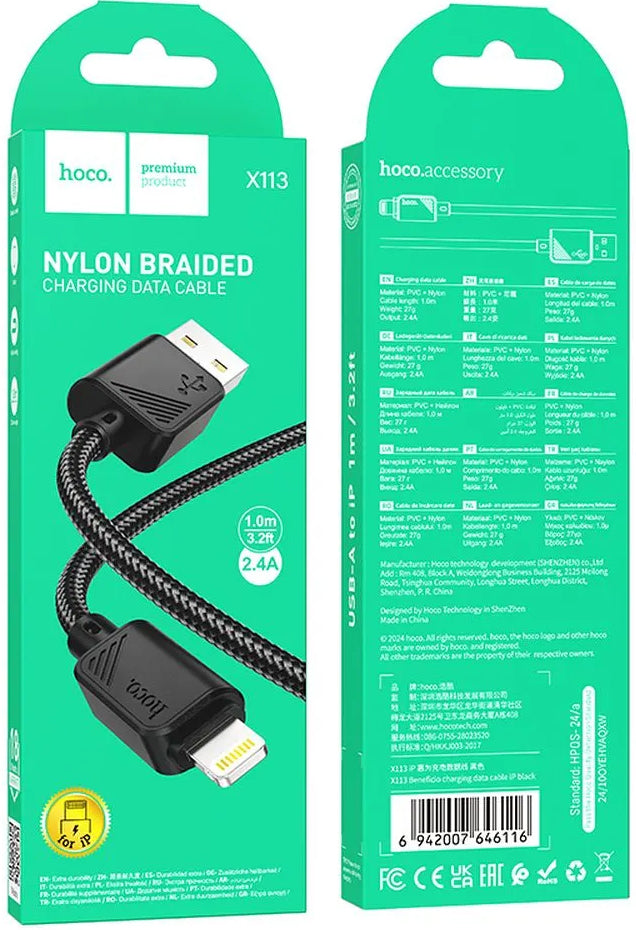 USB-A - Lightning HOCO X113 adat- és töltőkábel, 18W, 1m, Fekete