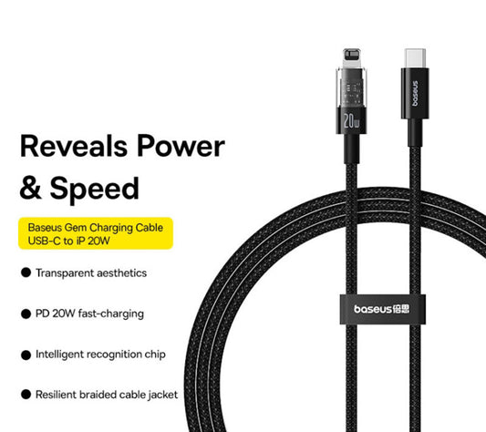 USB-C - Lightning Baseus Gem adat- és töltőkábel, 20W, 1m, Fekete P10373001111-00
