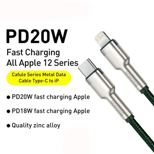 USB-C - Lightning Baseus Cafule Metal Series adat- és töltőkábel, 20W, 2m, Zöld CATLJK-B06