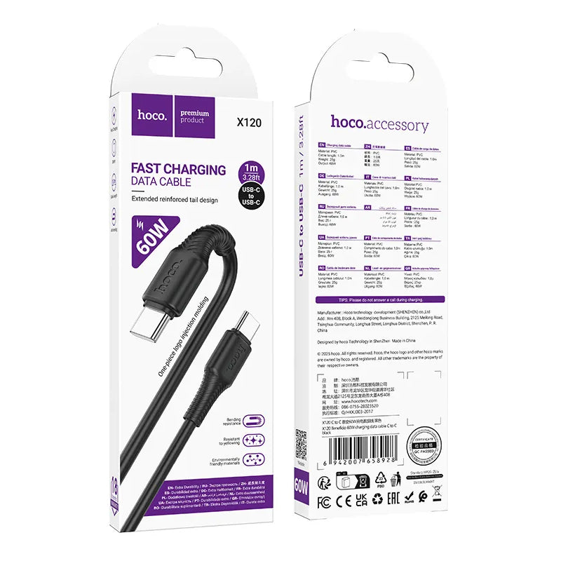 USB-C - USB-C HOCO X120 adat- és töltőkábel, 60W, 1m, Fekete
