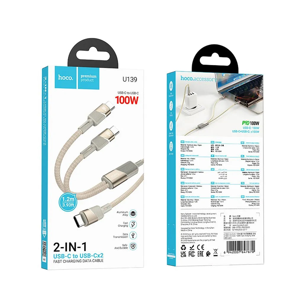 USB-C Adat- és Töltőkábel - 2 x USB-C HOCO U139 2in1, 100W, 1.2m, Arany