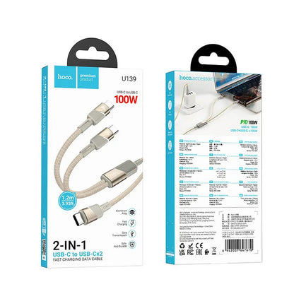 USB-C Adat- és Töltőkábel - 2 x USB-C HOCO U139 2in1, 100W, 1.2m, Arany