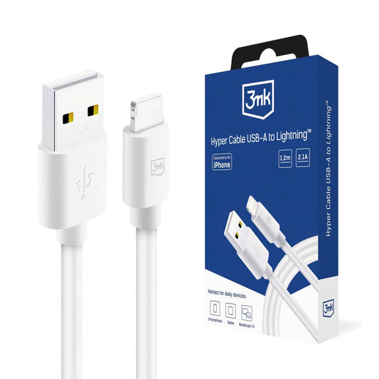 USB-A - Lightning 3MK Hyper adat- és töltőkábel, 12W, 1.2m, Fehér