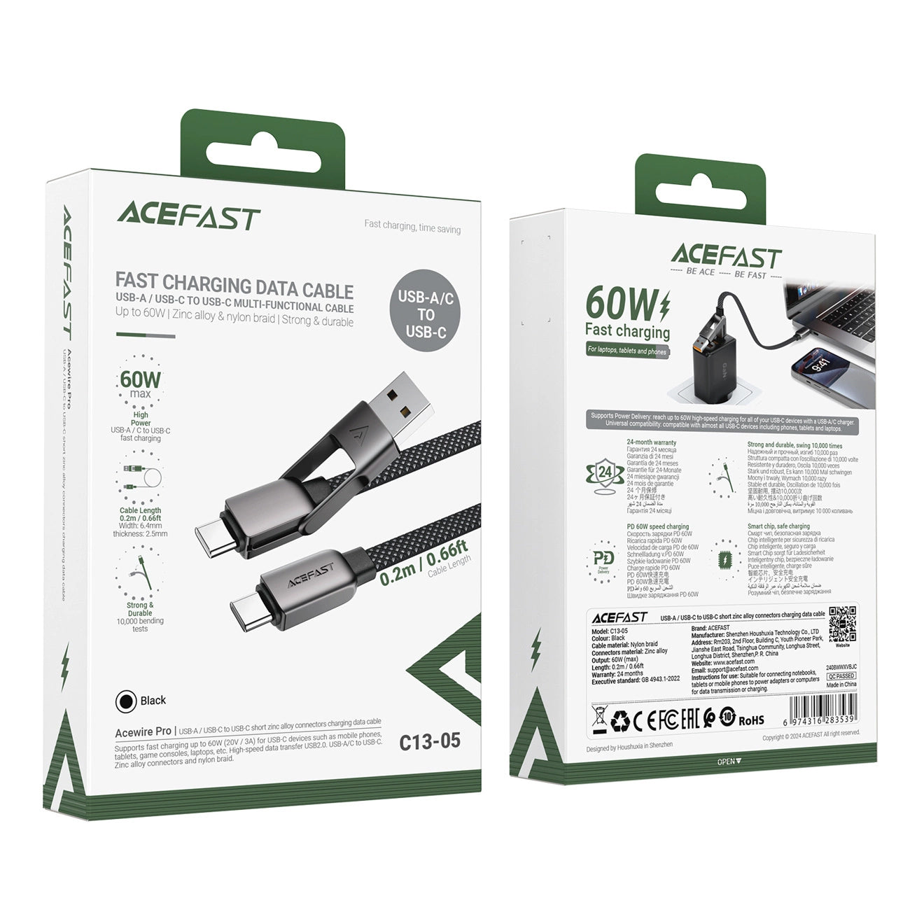 USB-C - USB-A / USB-C Acefast C13-05 adat- és töltőkábel, 60W, 0,2m, Fekete