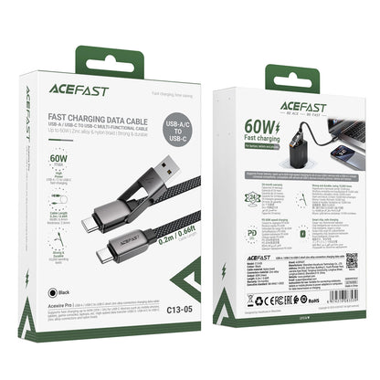 USB-C - USB-A / USB-C Acefast C13-05 adat- és töltőkábel, 60W, 0,2m, Fekete