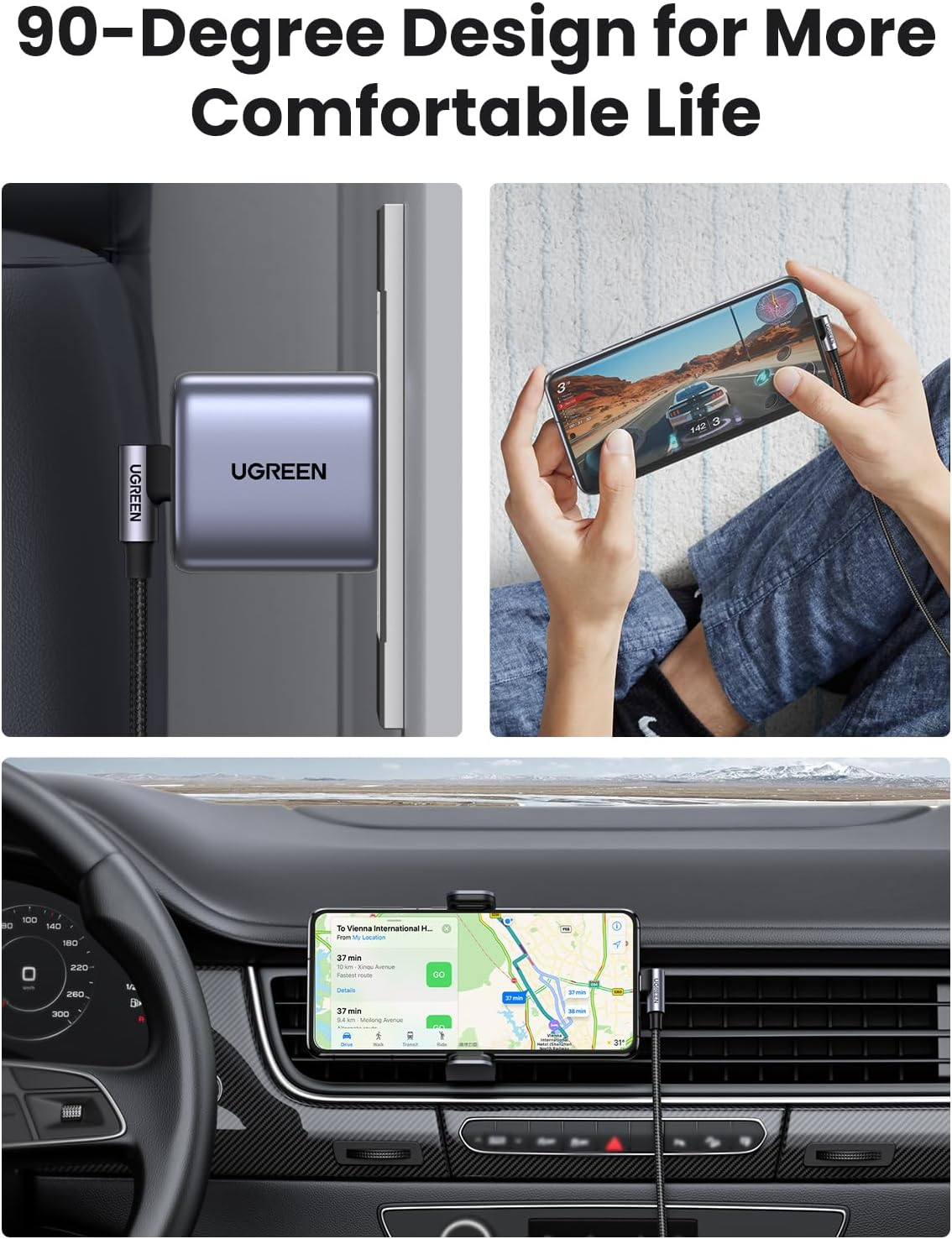 USB-C - USB-C UGREEN US255 Angled adat- és töltőkábel, 60W, 3m, szürke