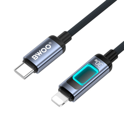 USB-C - Lightning adat- és töltőkábel BWOO X324CL kijelzővel, 30W, 1m, fekete