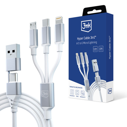 USB-A / USB-C - Lightning / microUSB / USB-C 3MK Hyper 3in1 töltőkábel, 12W, 1.5m, Fehér