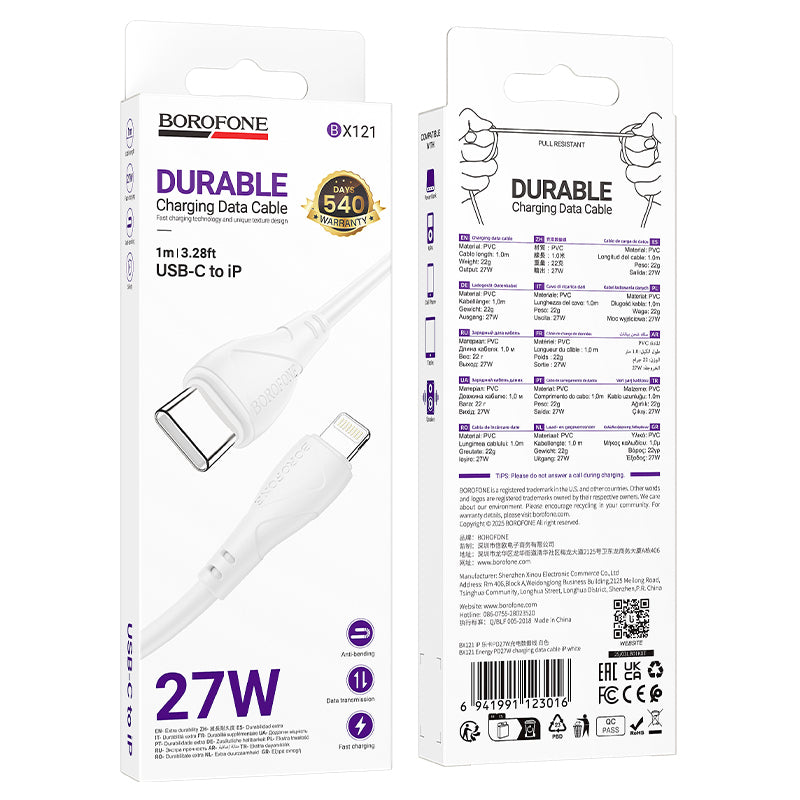 USB-C - Lightning Borofone BX121 Energy adat- és töltőkábel, 27W, 1m, Fehér