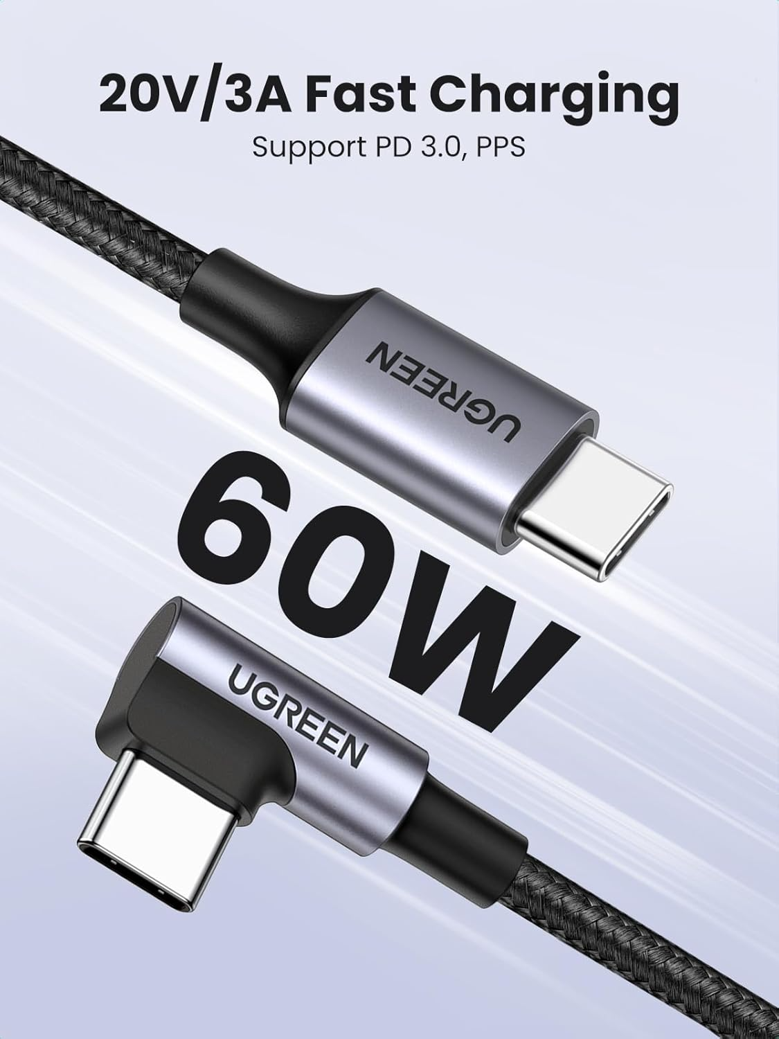 USB-C - USB-C UGREEN US255 Angled adat- és töltőkábel, 60W, 3m, szürke