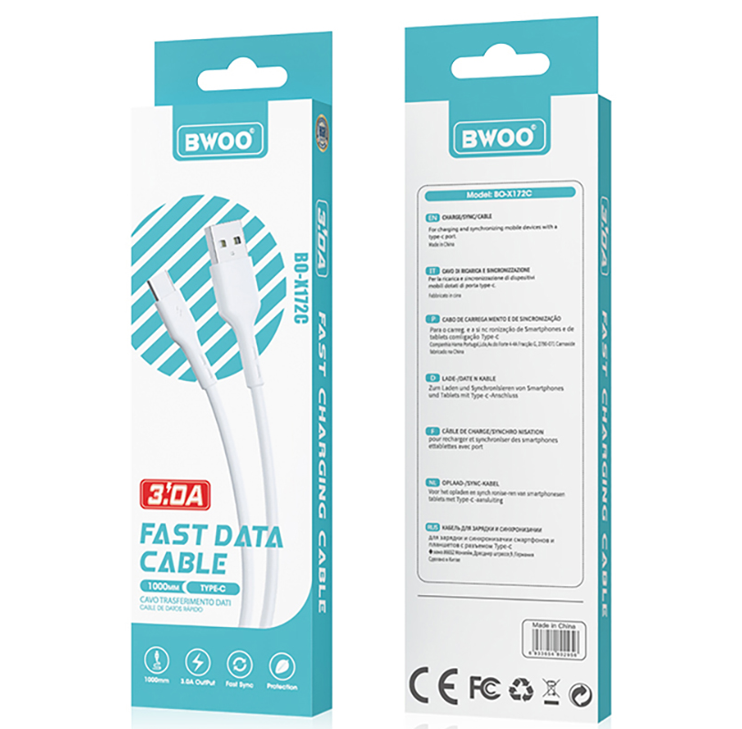 USB-A to USB-C Data and Charging Cable BWOO X172C, 60W, 1m, White
