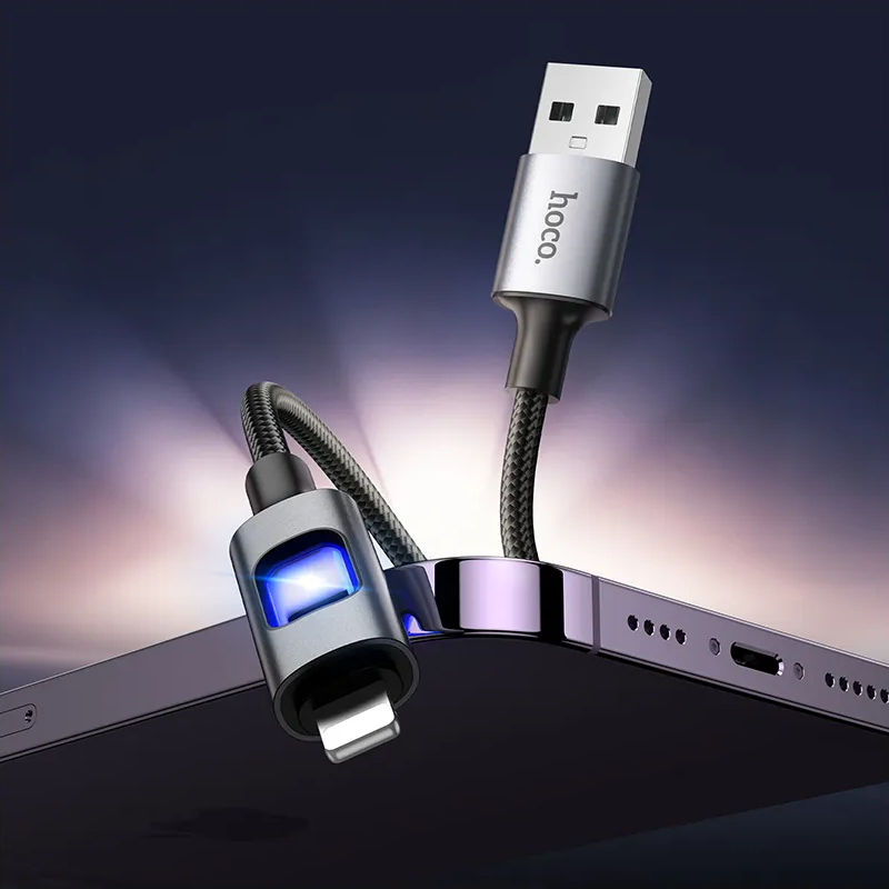 USB-A - Lightning HOCO U144 Led adat- és töltőkábel, 18W, 1.2m, Fekete