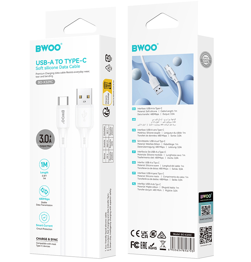 USB-A - USB-C adat- és töltőkábel BWOO X329C, 18W, 1m, fehér
