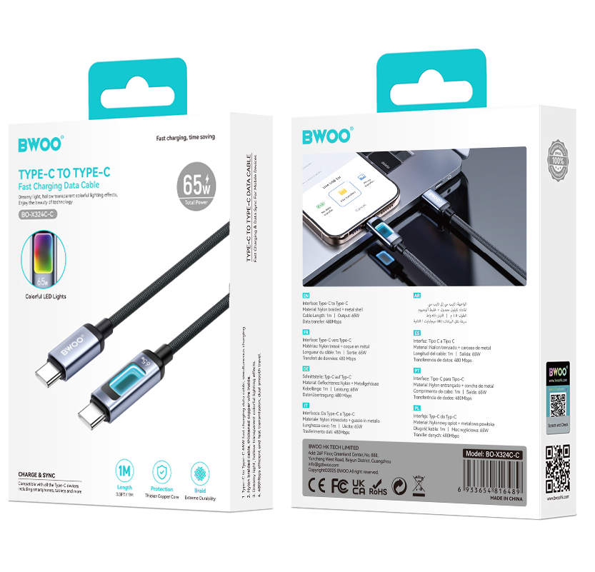 USB-C adat- és töltőkábel - USB-C BWOO X324CC Display, 65W, 1m, fekete