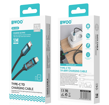 USB-C - Lightning adat- és töltőkábel BWOO X305 kijelzővel, 27W, 1m, fekete