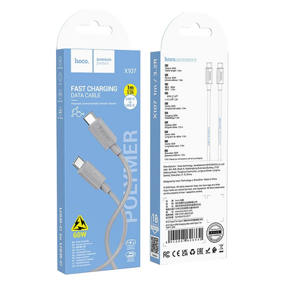 USB-C - USB-C HOCO X107 adat- és töltőkábel, 60W, 1m, Szürke