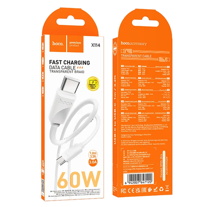 USB-C adat- és töltőkábel - USB-C HOCO X114, 60W, 1m, Fehér