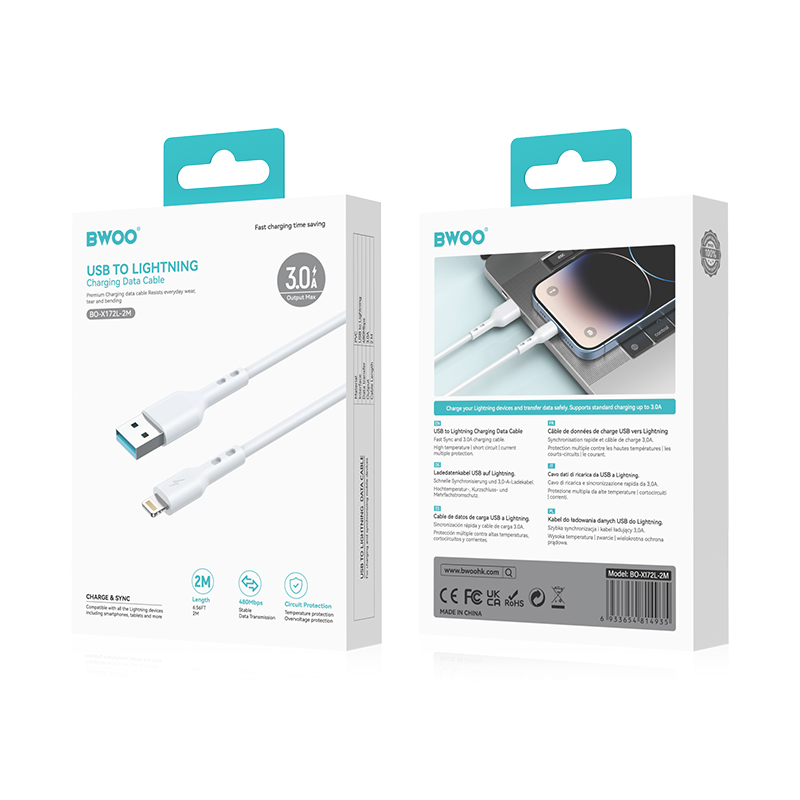 USB-A - Lightning adat- és töltőkábel BWOO BO-X172L-2M, 15W, 2m, fehér