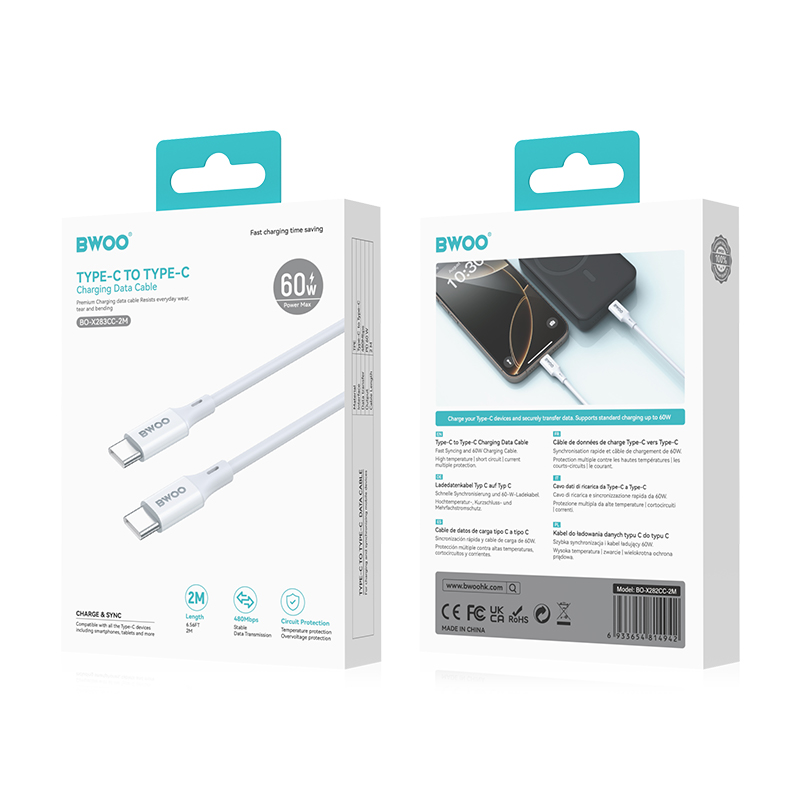 USB-C adat- és töltőkábel - USB-C BWOO BO-X283CC-2M, 60W, 2m, fehér