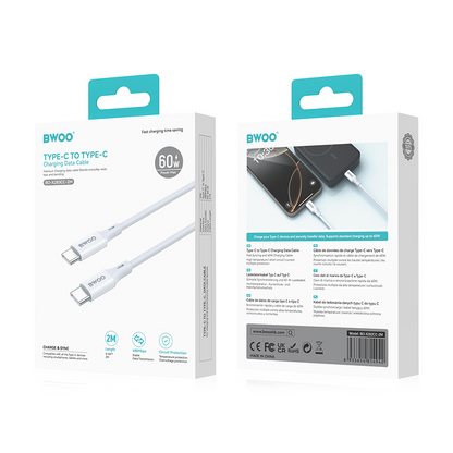 USB-C adat- és töltőkábel - USB-C BWOO BO-X283CC-2M, 60W, 2m, fehér