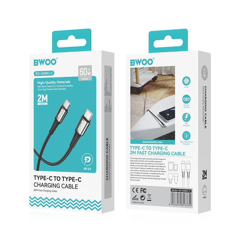 USB-C adat- és töltőkábel - USB-C BWOO BO-X288C-C, 60W, 1m, Fekete