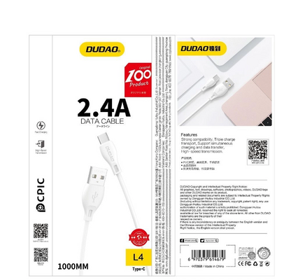 USB-A - Lightning Dudao L4L adat- és töltőkábel, 18W, 1m, fehér
