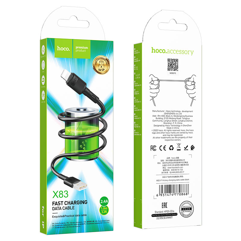 USB-A - Lightning HOCO X83 Victory adat- és töltőkábel, 18W, 1m, Fekete