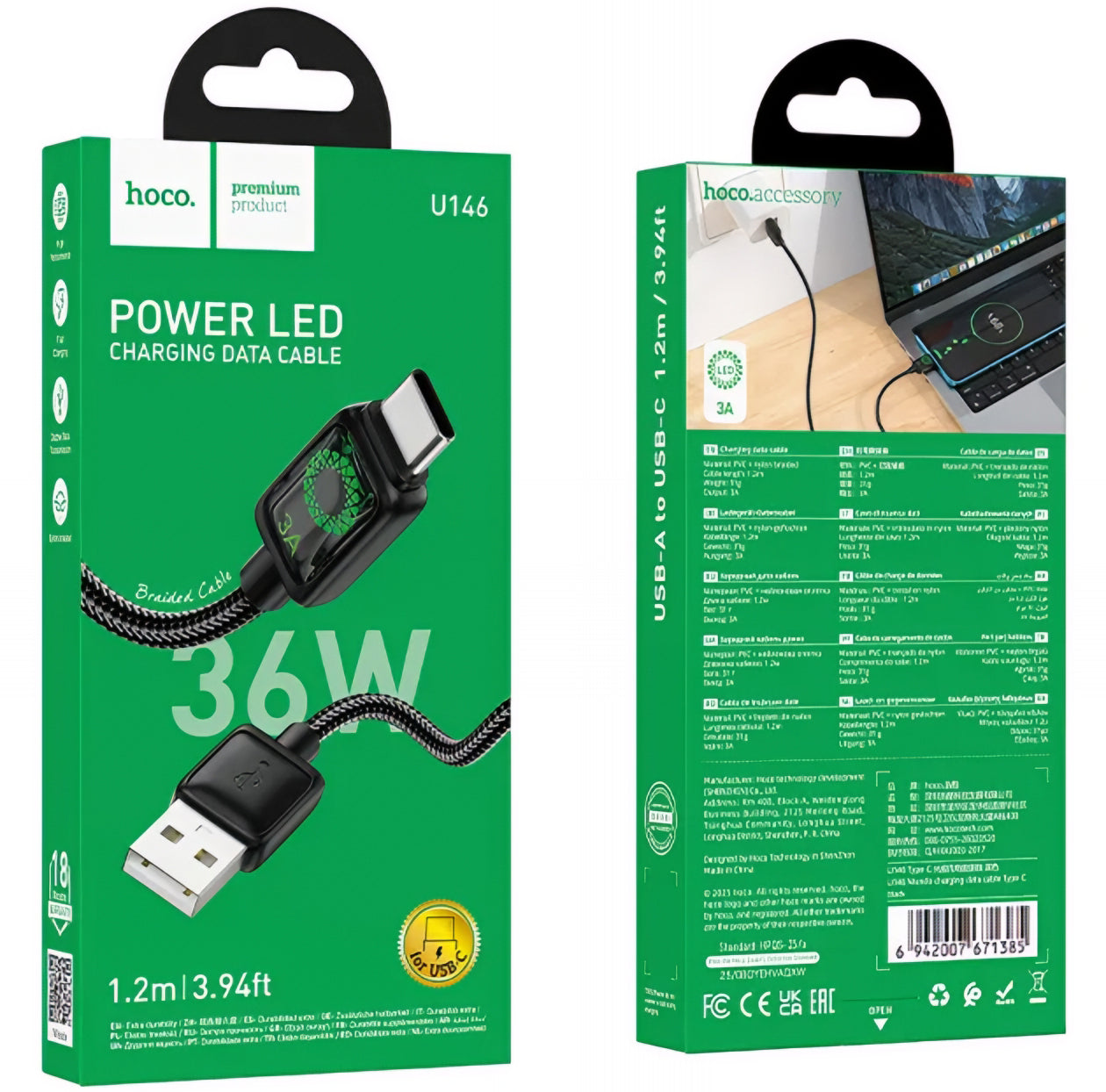 USB-A - USB-C HOCO U146 adat- és töltőkábel, 36W, 1.2m, Fekete