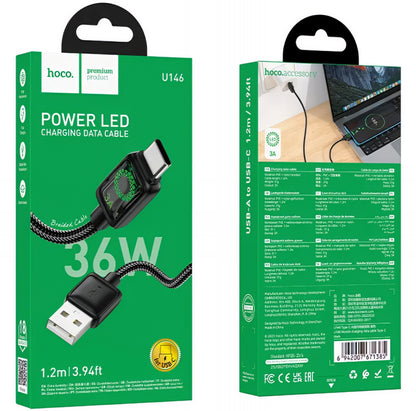 USB-A - USB-C HOCO U146 adat- és töltőkábel, 36W, 1.2m, Fekete