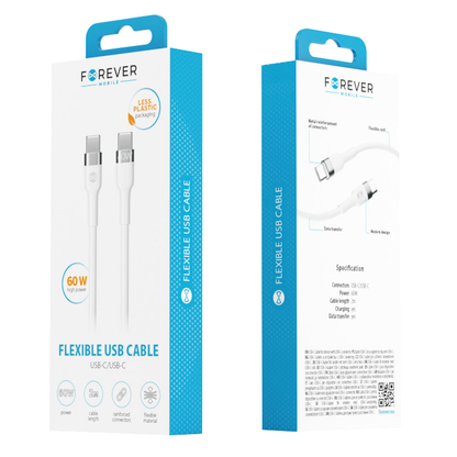 USB-C - USB-C Forever Flexible adat- és töltőkábel, 60W, 2m, Fehér