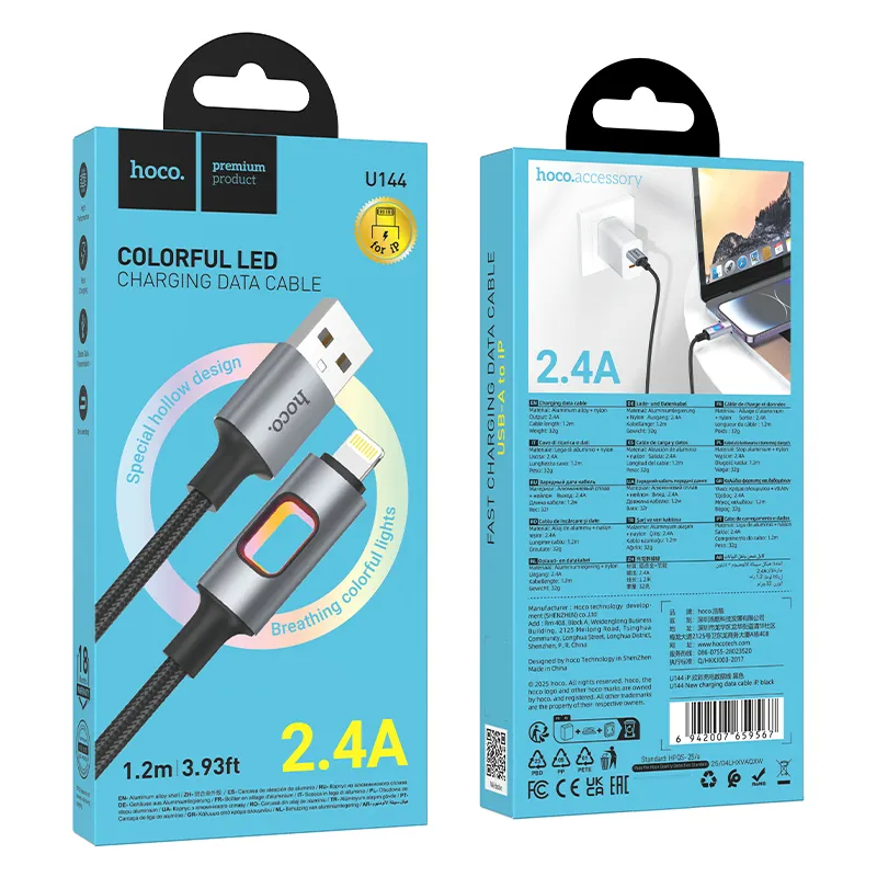 USB-A - Lightning HOCO U144 Led adat- és töltőkábel, 18W, 1.2m, Fekete