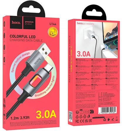 USB-A - USB-C HOCO U144 Led adat- és töltőkábel, 18W, 1.2m, Fekete