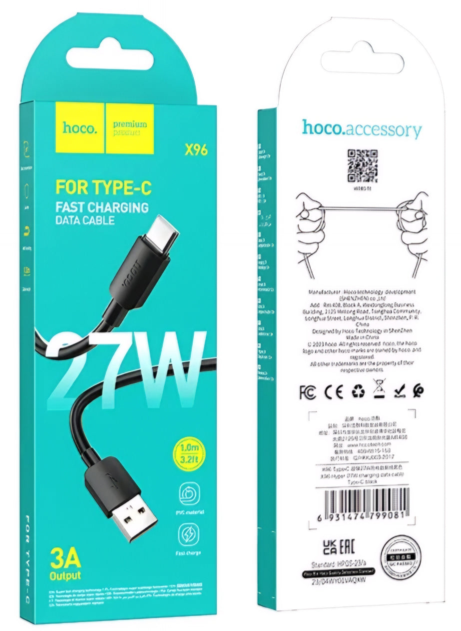 USB-A - USB-C HOCO X96 adat- és töltőkábel, 27W, 1m, Fekete