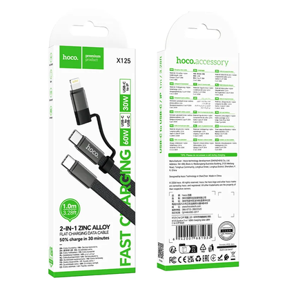 USB-C - Lightning / USB-C adat- és töltőkábel HOCO X125, 60W, 1m, fekete