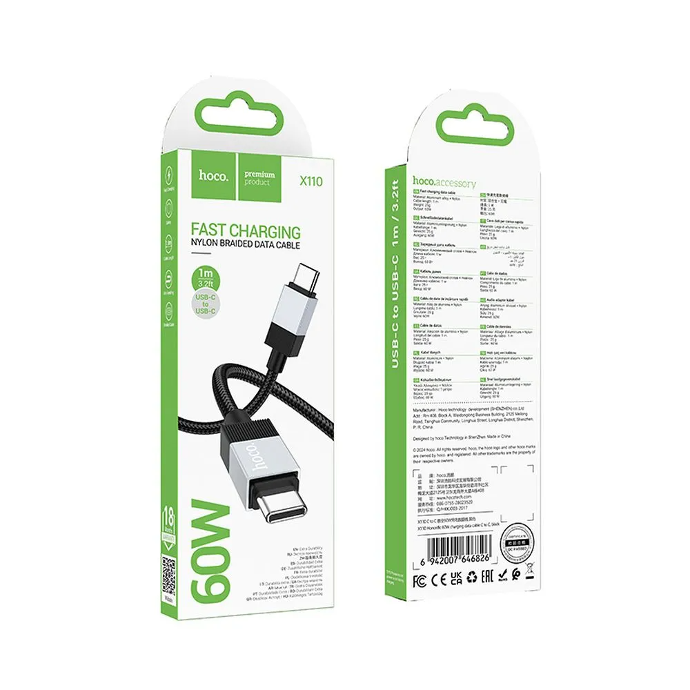 USB-C adat- és töltőkábel - USB-C HOCO X110, 60W, 1m, Fekete