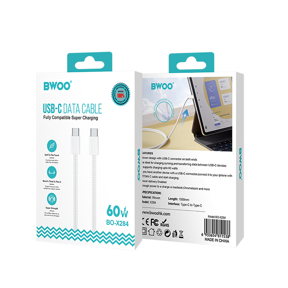 USB-C - USB-C adat- és töltőkábel BWOO BO-X284, 60W, 1m, Fehér