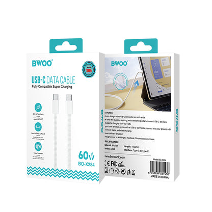 USB-C - USB-C adat- és töltőkábel BWOO BO-X284, 60W, 1m, Fehér