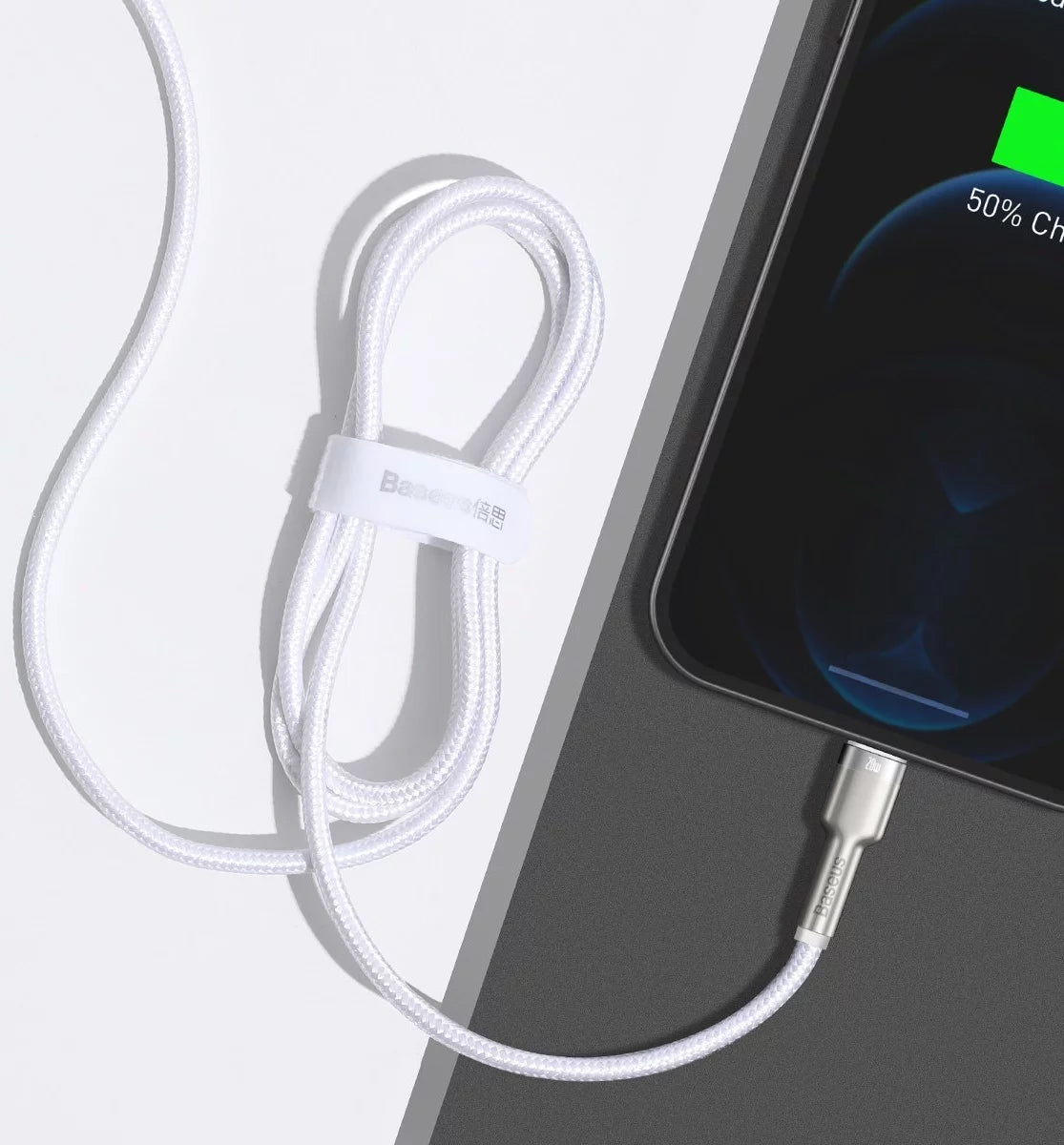 USB-C - Lightning Baseus Cafule Metal Series adat- és töltőkábel, 20W, 2m, Fehér CATLJK-B02