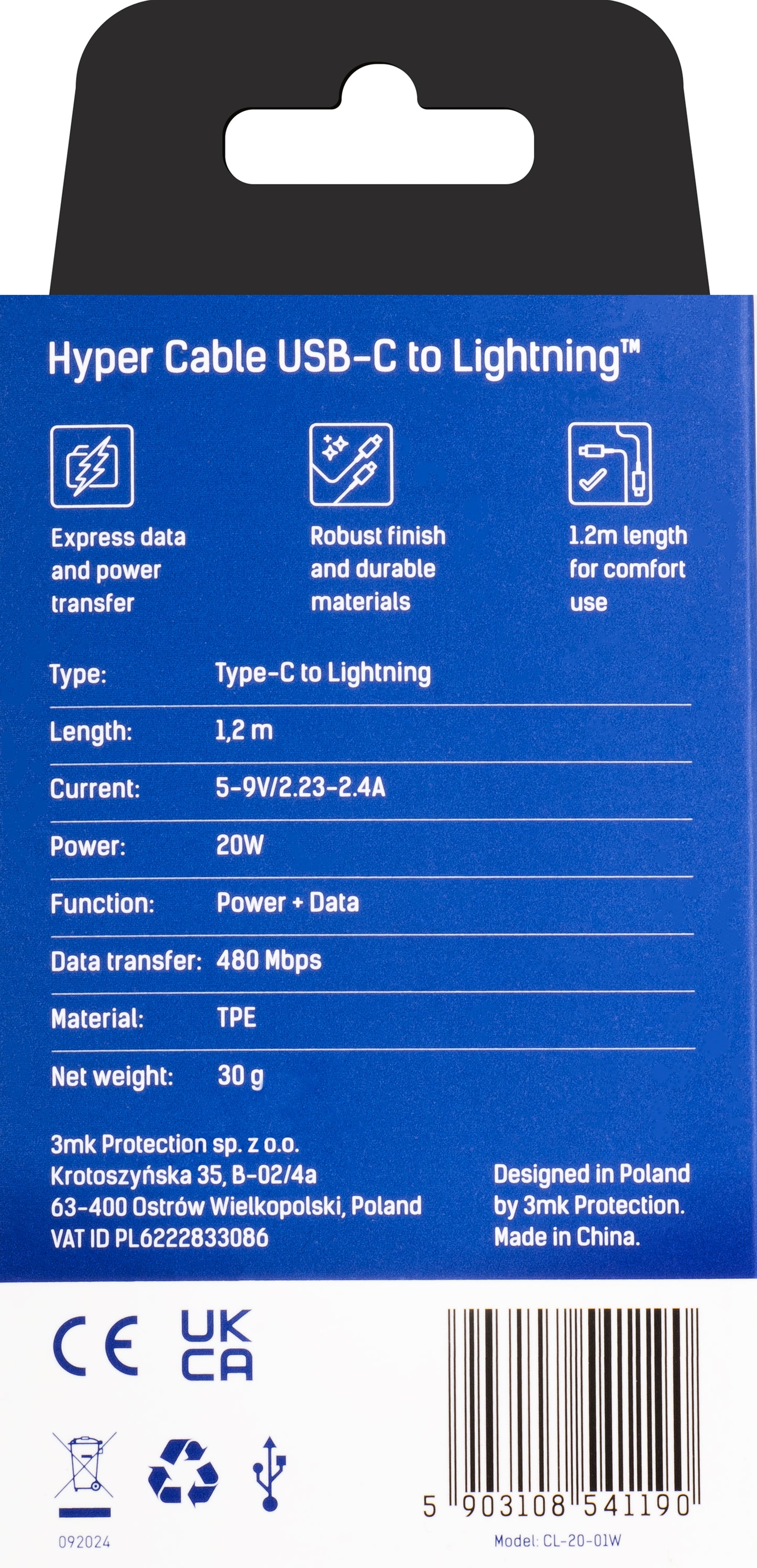 USB-C - Lightning adat- és töltőkábel 3MK Hyper, 20W, 1,2m, fehér