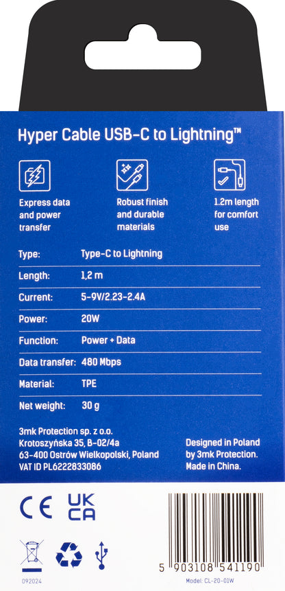 USB-C - Lightning adat- és töltőkábel 3MK Hyper, 20W, 1,2m, fehér