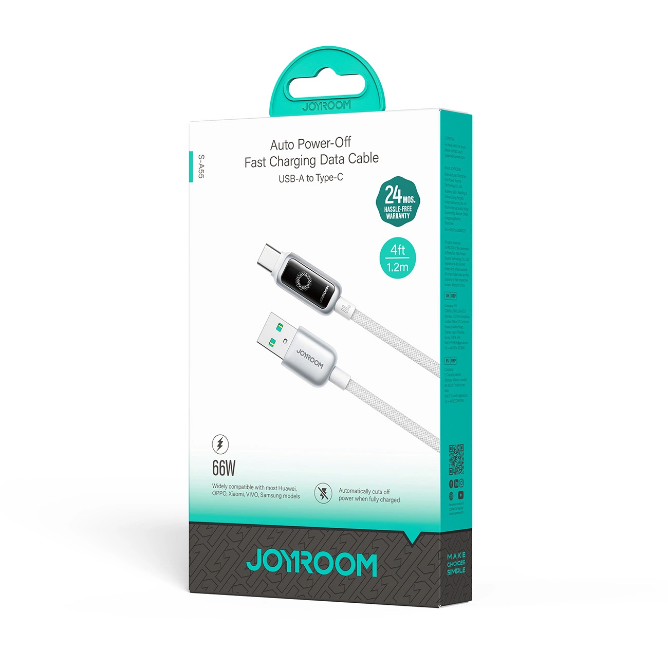 USB-A - USB-C adat- és töltőkábel Joyroom S-A55 StarFlight Display, 66W, 1.2m, Fehér