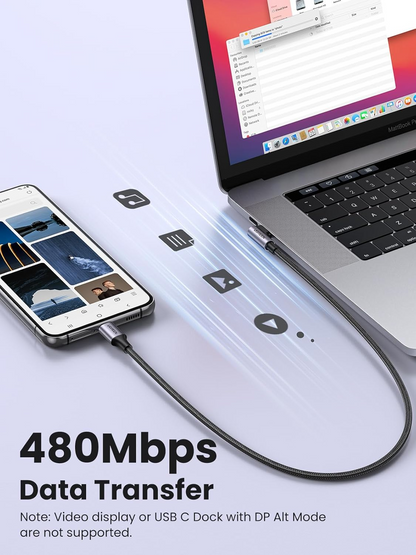USB-C - USB-C UGREEN US255 Angled adat- és töltőkábel, 60W, 3m, szürke