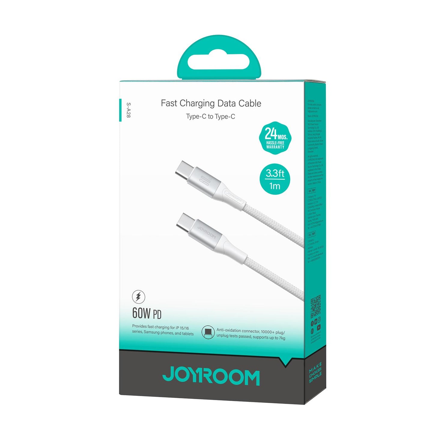 USB-C - USB-C adat- és töltőkábel Joyroom S-A28 Flash, 60W, 1m, Fehér