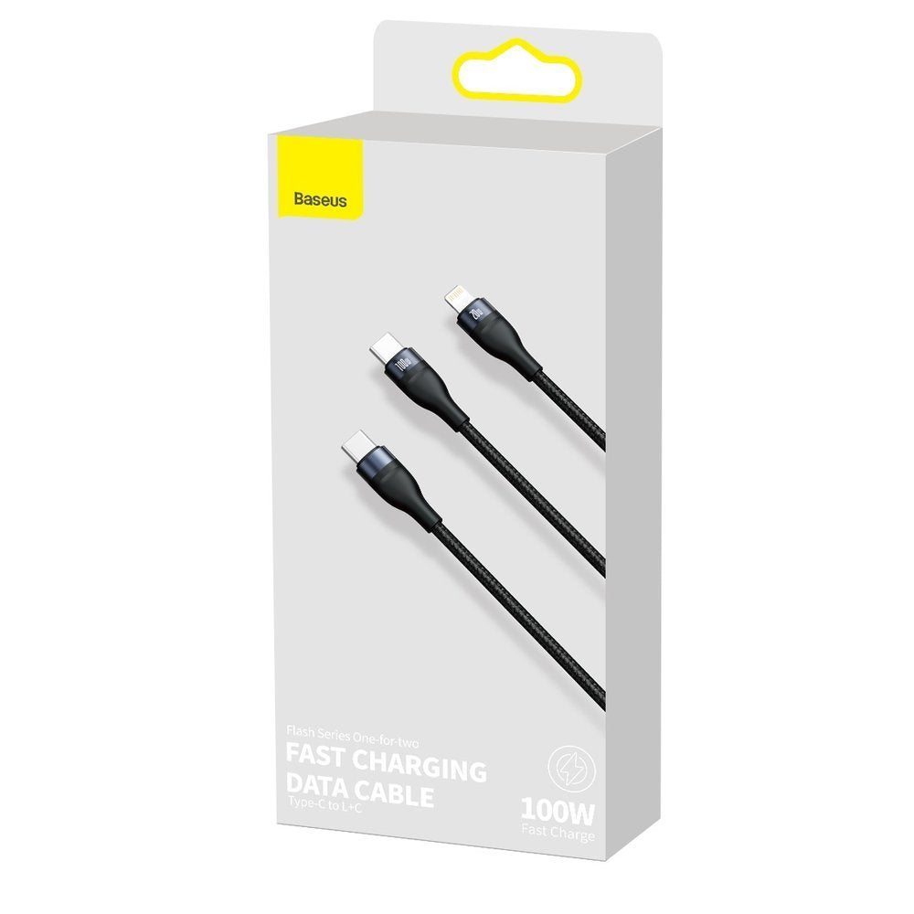 USB-C - Lightning / USB-C Baseus Flash Series 2in1 adat- és töltőkábel, 100W, 1.2m, Fekete CA1T2-F01
