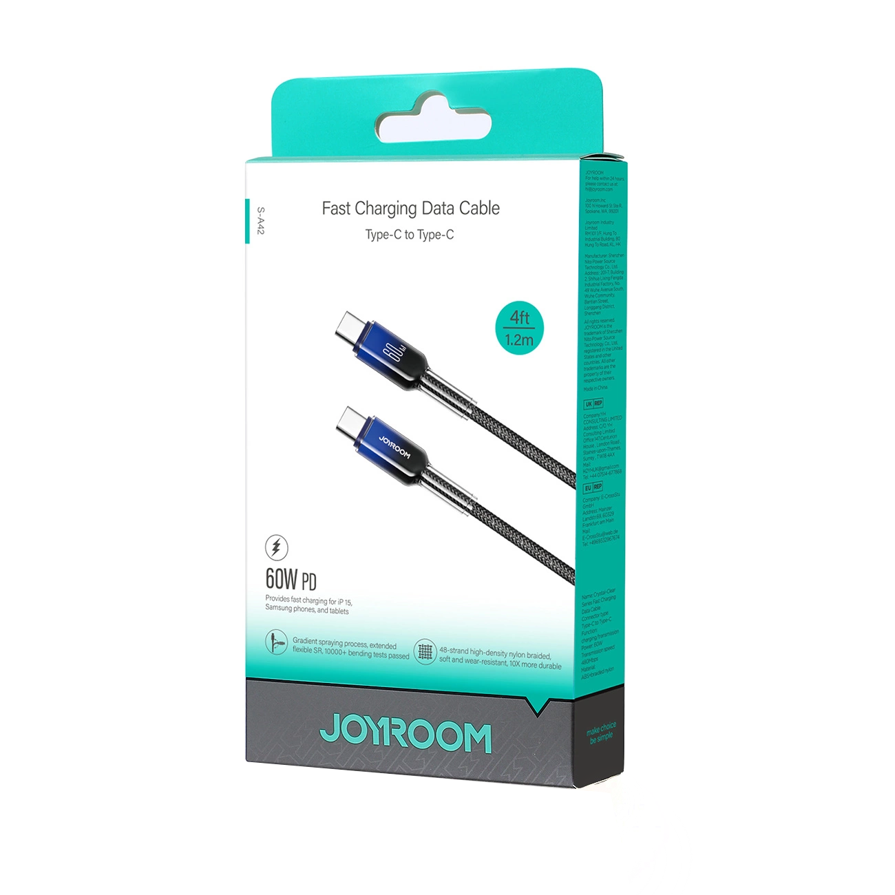 USB-C - USB-C adat- és töltőkábel Joyroom S-A42, 60W, 1.2m, Fekete