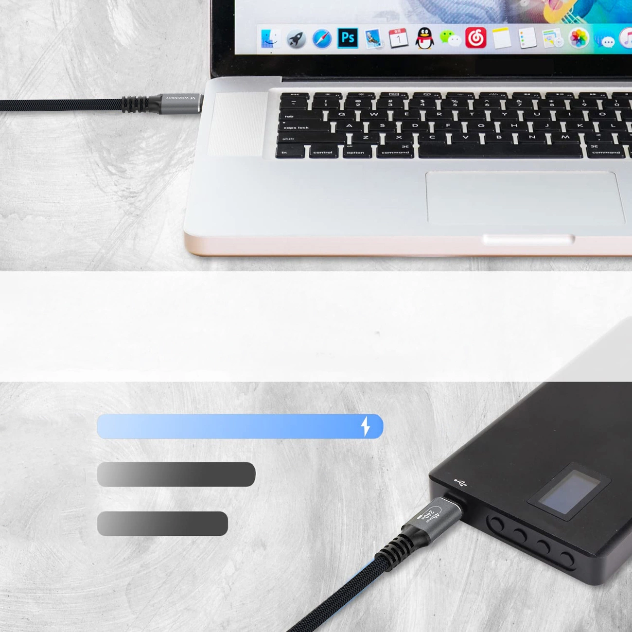 USB-C - USB-C adat- és töltőkábel WZK WPS-UY42S, 240W, 2m, Fekete
