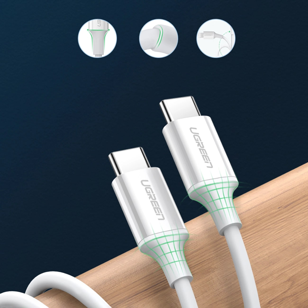 USB-C - USB-C adat- és töltőkábel UGREEN US264, 60W, 0,5m, Fehér