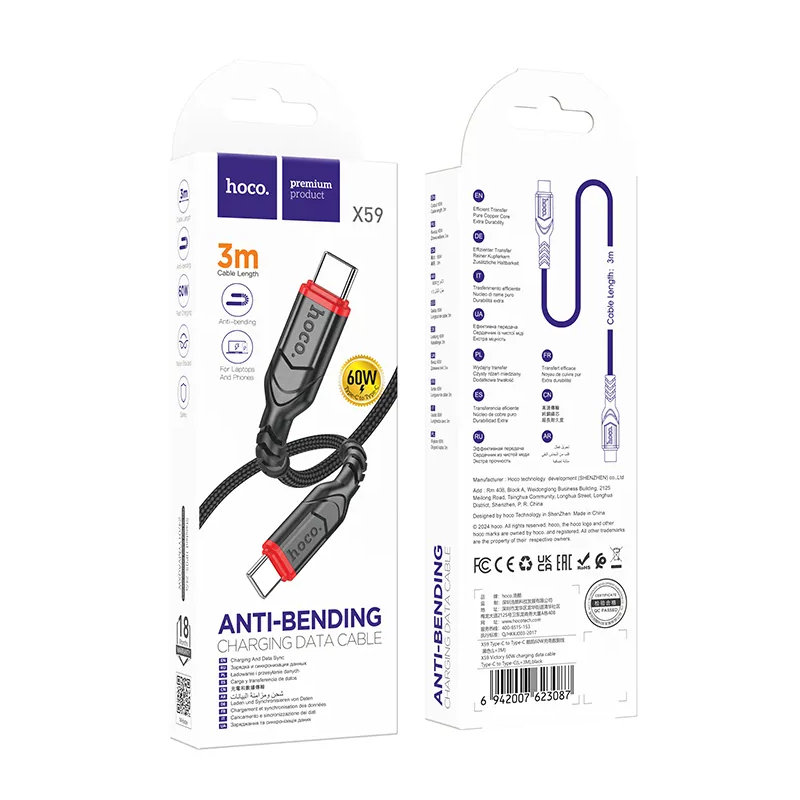 USB-C adat- és töltőkábel - USB-C HOCO X59 Victory, 60W, 3m, Fekete